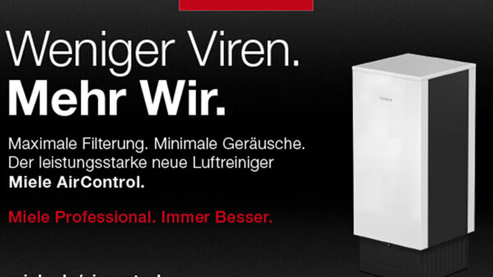 "Weniger Viren. Mehr Wir" – das ist das Motto der neuen mobilen Luftreiniger mit HEPA H14-Filter von Miele. Bis zu sechsmal pro Stunde wird die Luft von ihnen umgewälzt und gefiltert.