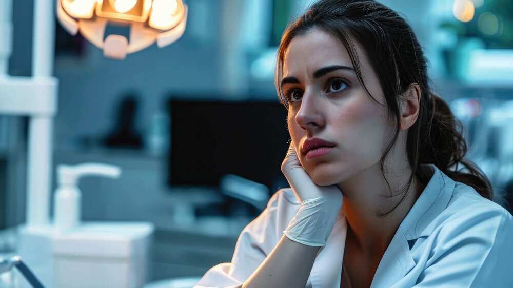 Dental worker frustrated with schedule. frustrierte Zahnärztin