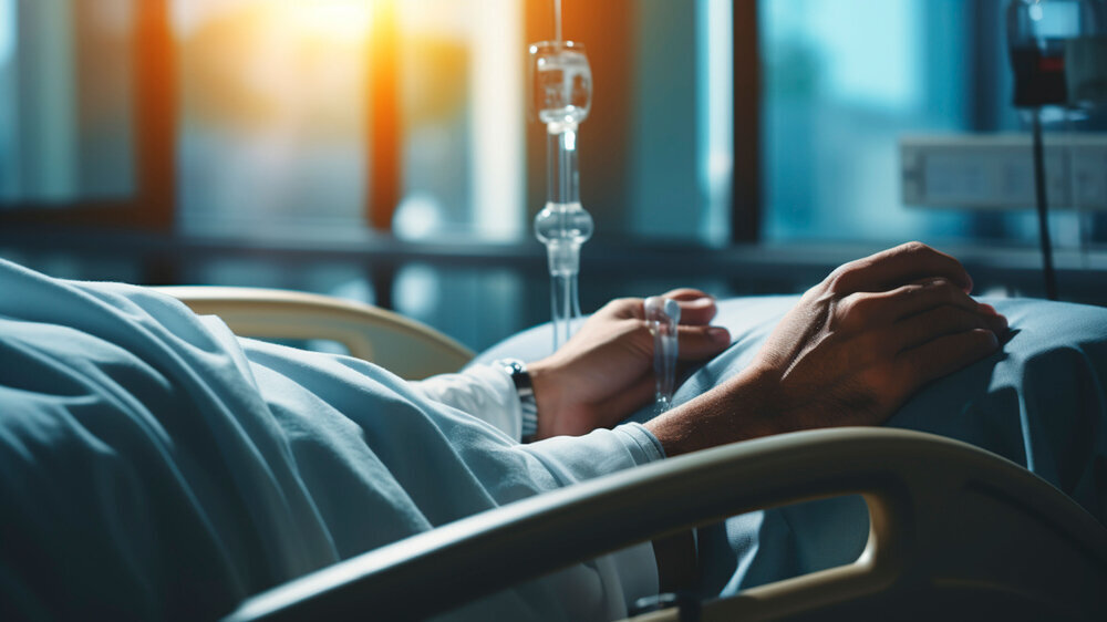 In the Hospital Sick Male Patient Sleeps on the Bed. Heart Rate Monitor Equipment In the Hospital Sick Male Patient Sleeps on the Bed. Heart Rate Monitor Equipment