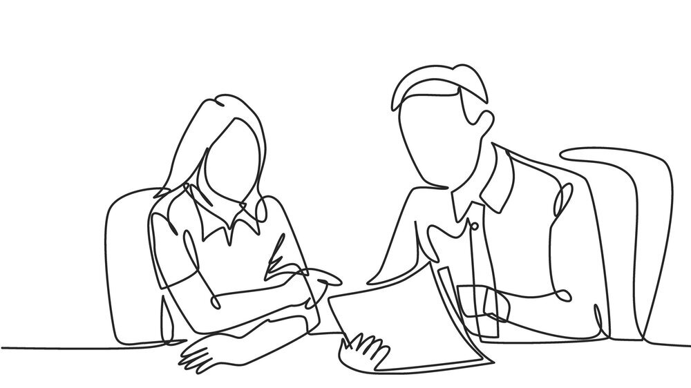 One single line drawing of two young male and female worker holding a paper and discussing about work together at the office. Job discussion concept continuous line draw design vector illustration Illustration Mann und Frau am Bürotisch