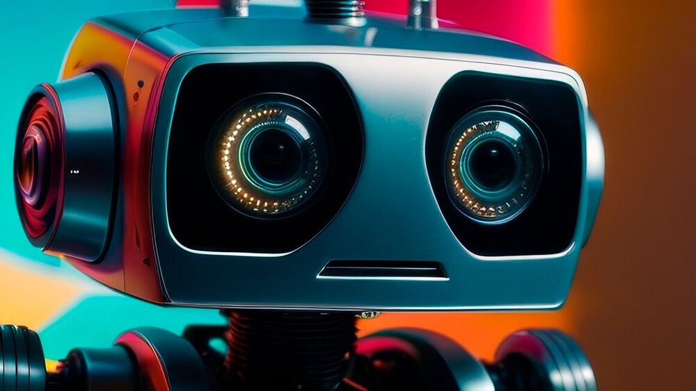 A robot with a sad face is shown in a colorful background. The robot's eyes are glowing, and it is looking down. Scene is melancholic and somewhat eerie