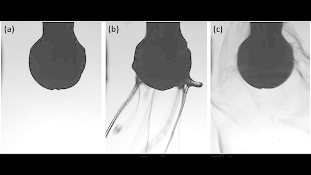 Standbilder aus einer Videosequenz über die Verwendung eines rotierenden Instruments mit Zusatz von zwei Gewichtsprozent Polyacrylsäure in der Kühlflüssigkeit: a) Ausgangssituation, b) Wasserwirbel und c) Pseudo-Gleichgewichtszustand ohne Aerosolbildu