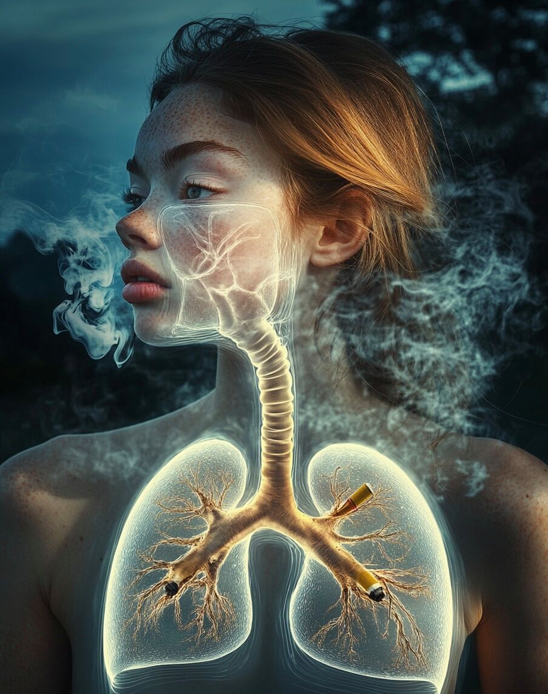 photo of a young woman, transparent lungs lungs made from cigarettes and smoke, blue night landscape, serious, blue hour --ar 4:5 --sref https://s.mj.run/__4giZ_UqUI https://s.mj.run/T_GhjCkVIoI https://s.mj.run/SPPOc30Xoxg --cref https://s.mj.run/08bT9RzsEdA https://s.mj.run/-jXdTZ9sQuM https://s.mj.run/KLCiYoq508k https://s.mj.run/9kDX7XmtHvc https://s.mj.run/e7CCY7uVsbk https://s.mj.run/MpbhvQS6yYQ https://s.mj.run/mKugnlXlmHA --cw 0 --v 6.1 Job ID: b9b799e8-0beb-4f48-be59-c68f3591f28e