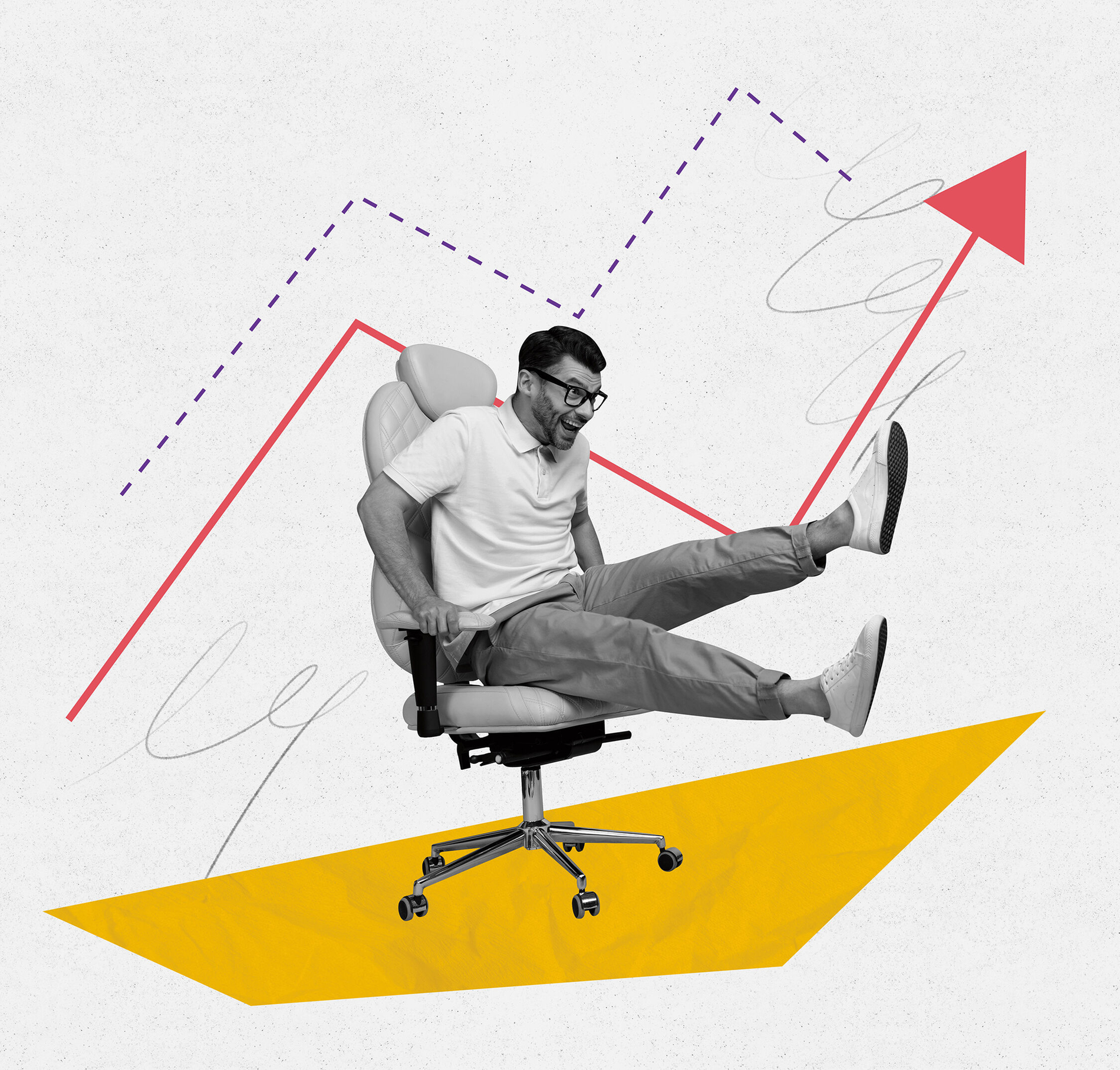 Creative collage image of happy young man sit chair on geometry figure arrows pastel background.