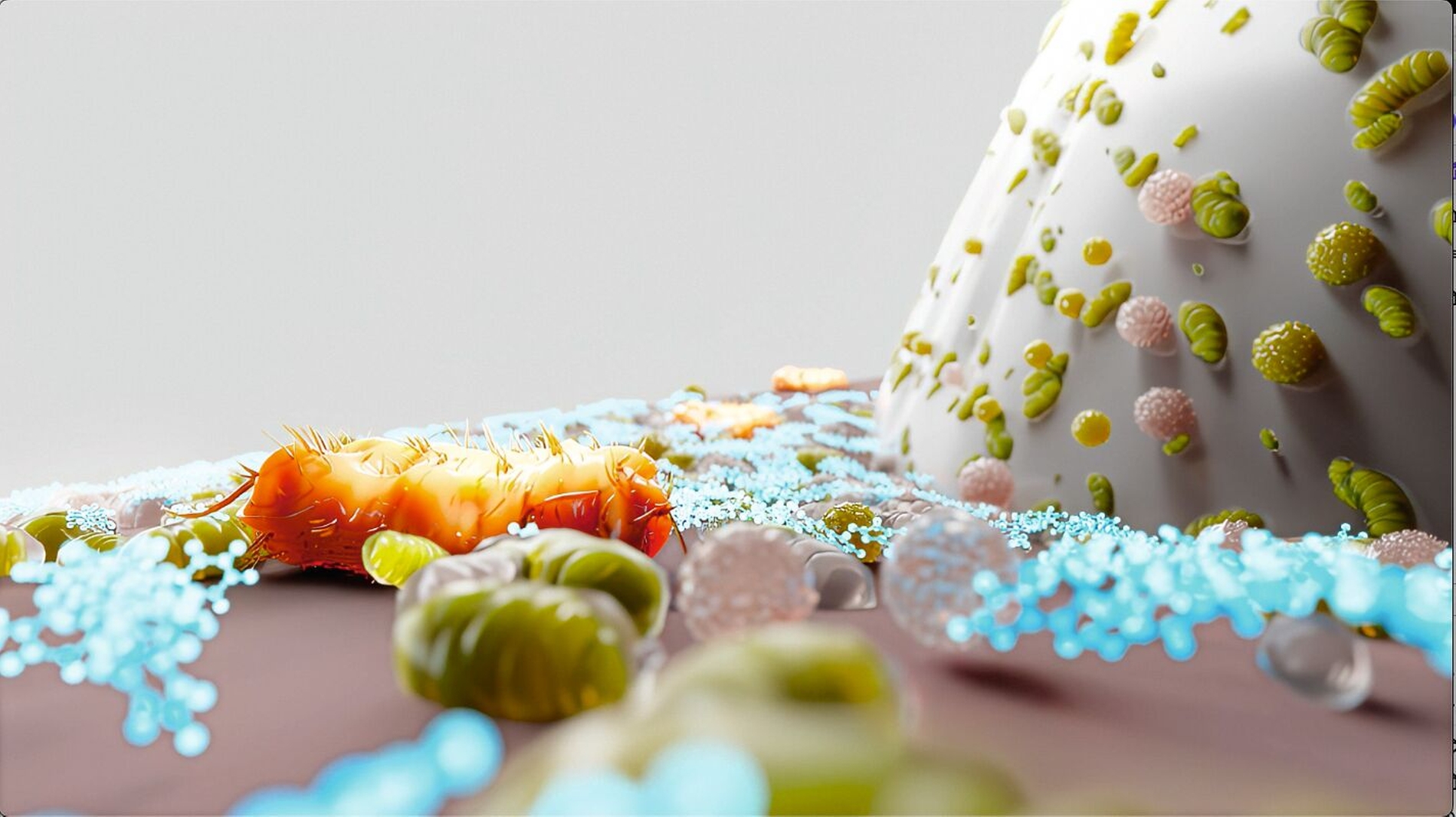 P. gingivalis (orange), der Inhaltsstoff (blau) und gesundes Mikrobiom am Übergang von Zahnfleisch zu Zahn