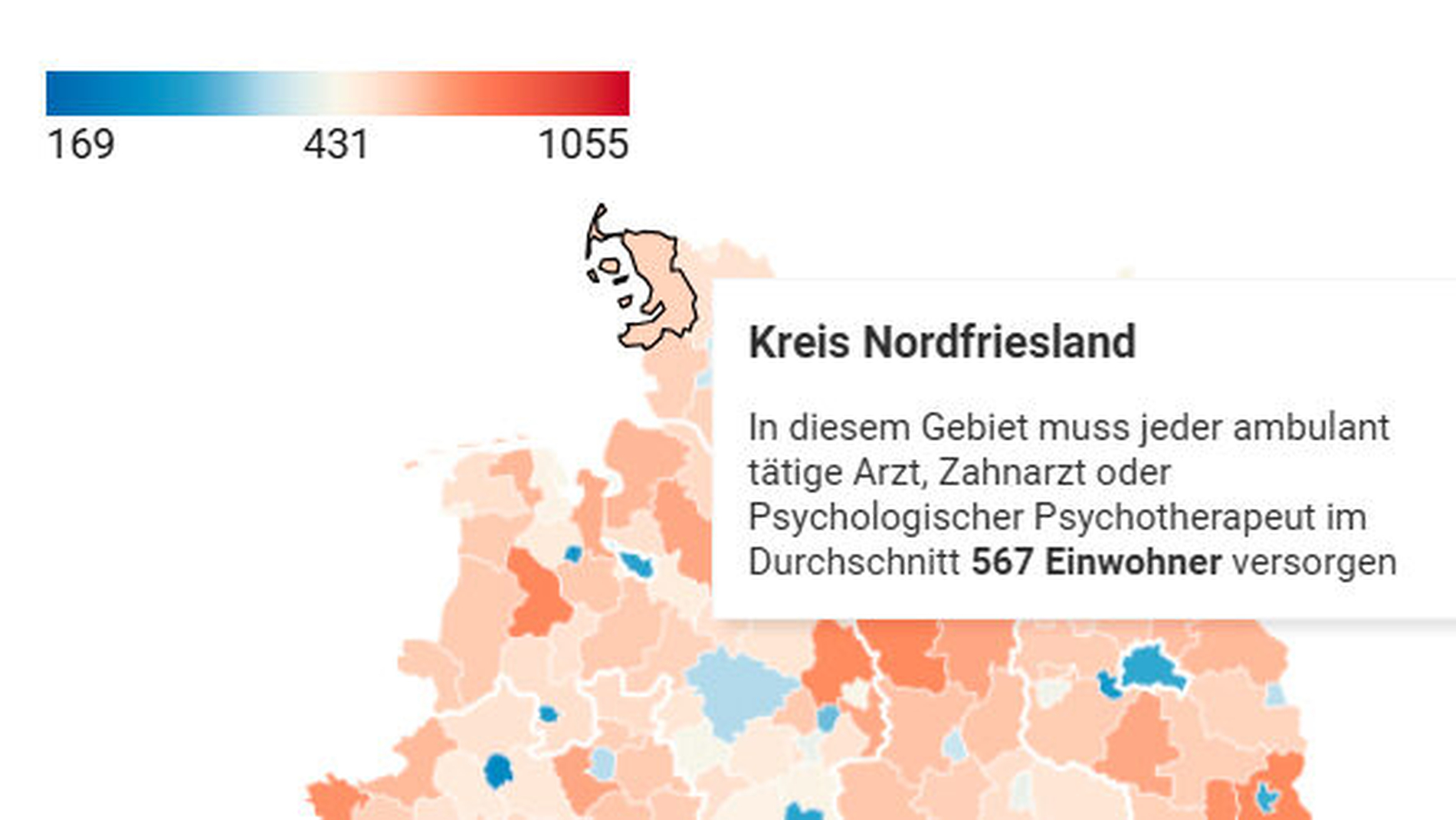 Detail der interaktiven Karte der Stiftung Gesundheit zu Arztdichte in Deutschland