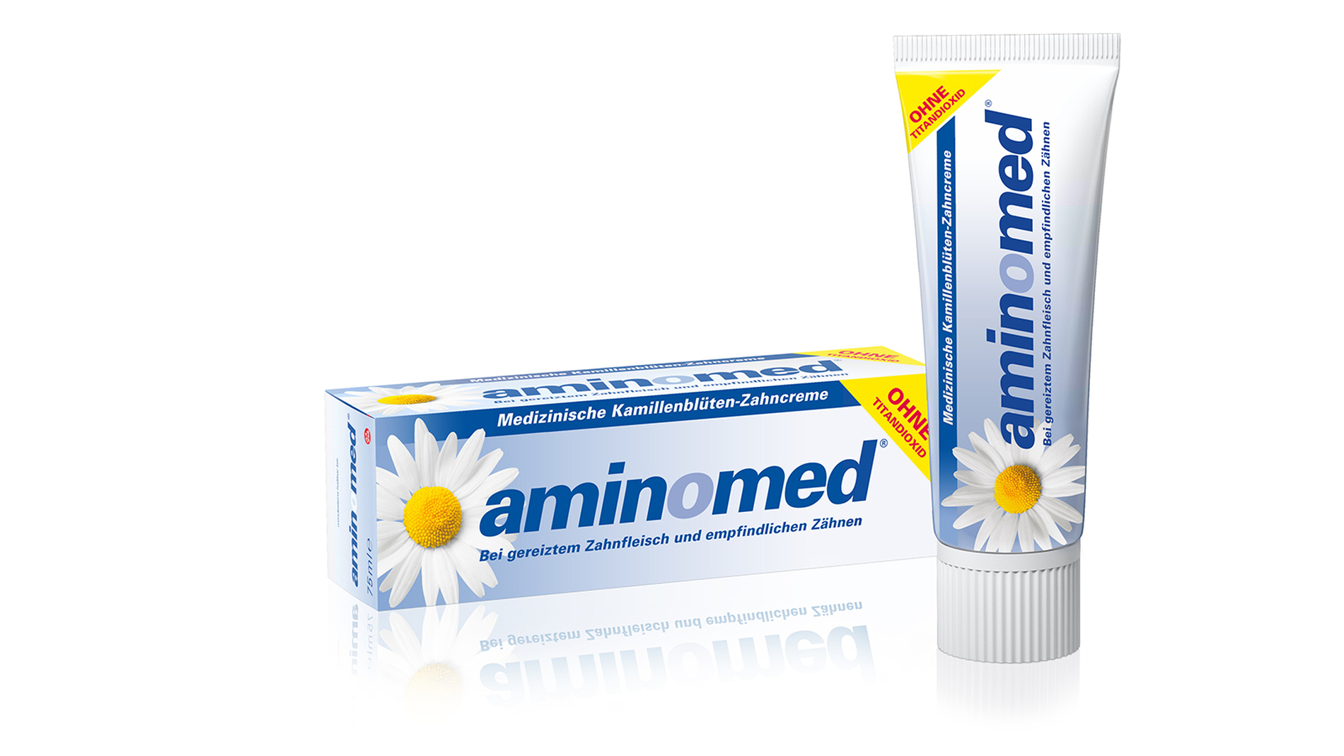 Aminomed zeigt, was in ihr steckt: Echte Kamillenblütenextrakte in Bio-Qualität, wertvolle ätherische Öle, ein verstärktes Doppel-Fluorid-System – und: kein Titandioxid.